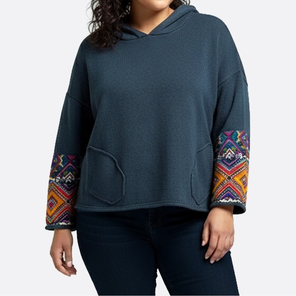 Boho Chic Teal Knit Cropped Hoodie‎ with Tribal Print Statement Sleeves 0X L